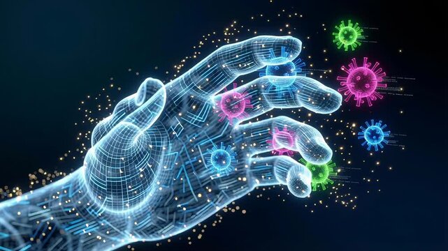 Digital hand with virus particles symbolizes global health research and vaccine development by scientists laboratory to understand viruses and create protective solutions for disease prevention
