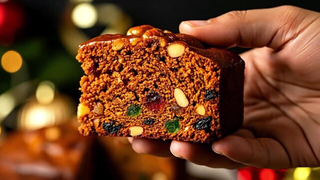 Hand holding a slice of traditional homemade dark Christmas fruitcake with nuts and dried fruits