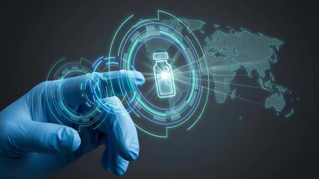 Vaccine development research in global laboratory shows scientist hand with blue gloves holding vial and digital interface highlighting health innovation and worldwide scientific progress