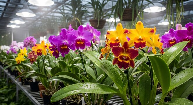 Vibrant Orchid Greenhouse - A Colorful Display of Tropical Flowers in Bloom.