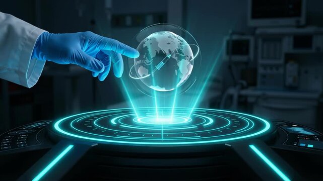 Vaccine development research in laboratory with scientist using advanced technology and futuristic hologram for global health innovation and scientific progress in medical research