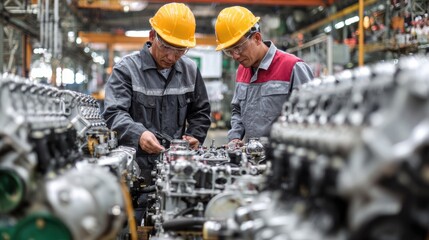 Obraz premium inspection team checking quality of finished tractor engines on blurred background