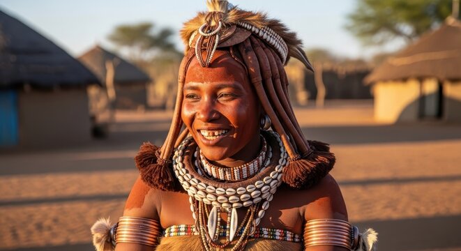 Portrait of a Smiling Himba Woman in Traditional Attire.