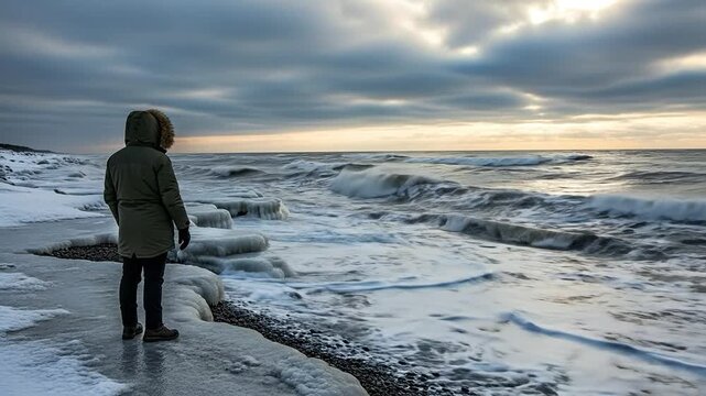 Solitary man in winter parka standing on icy beach reflecting on mental health during storm