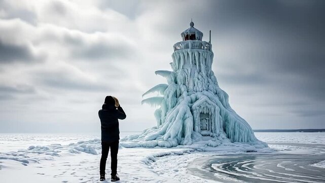 Adult man in winter gear observing frozen lighthouse on icy lake during arctic expedition