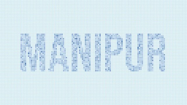 Manipur, India dotted map animation. Digital style shape of the state. Manipur, India shape and title dots appear with bulb flickering effect. Intro, outro, logo, title video.