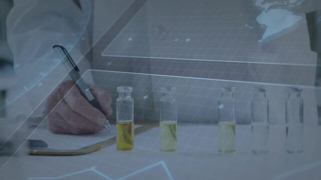 Senior lab scientist hovering over rack selecting vial inspecting and logging data overlay rising