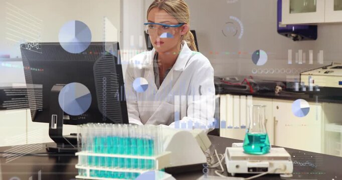 Female lab scientist scanning monitor, typing data, causing animated charts over tubes for analysis