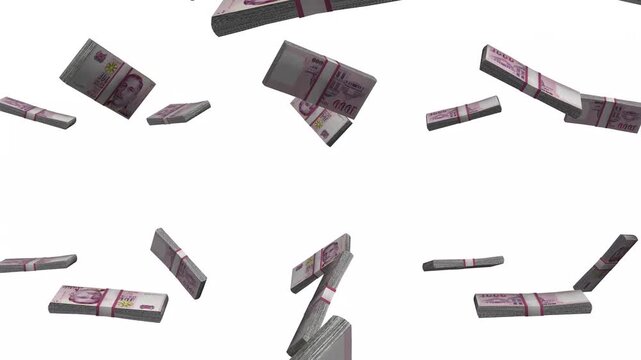 Singapore Money, Singapore Dollar Banknotes Falling, SGD Currency Stacks, White Background, 4K