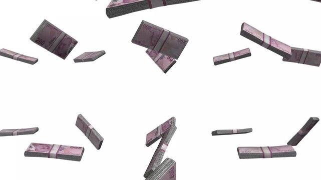 Turkey Money, Turkish Lira Banknotes Falling, TRY Currency Stacks, White Background, 4K