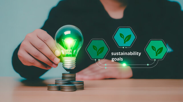 Hand holding a glowing green lightbulb over a stack of coins with sustainability goals