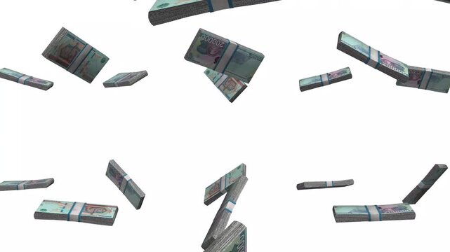 Uzbekistan Money, Uzbek Som Banknotes Falling, UZS Currency Stacks, White Background, 4K