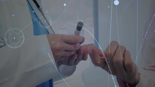 Doctor adjusting lancet, activating meter, doing medical glucose test with overlays on fingertip