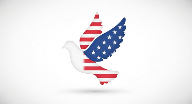 Dove with american flag wings symbolizing peace and freedom on white background