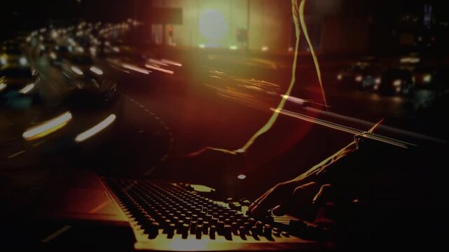 Man pressing play, starting audio mix, leaning over mixer and adjusting faders under warm backlight