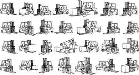 Collection of various hand-drawn line art illustrations of forklifts and industrial material handling vehicles, some carrying boxes, in a logistics and transportation theme. © victoria