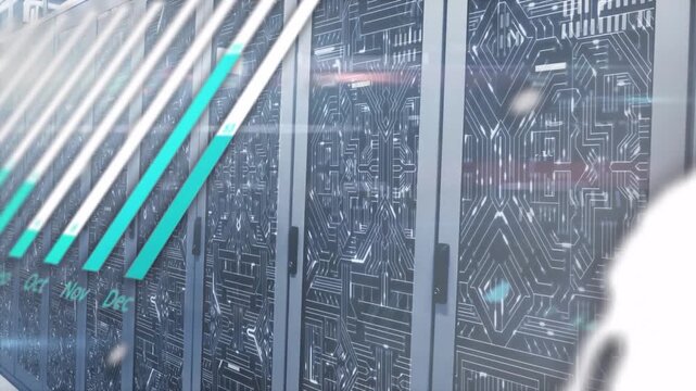 Row of server racks, teal disc appearing, diagonal bars sliding, globe emerging, showing analytics