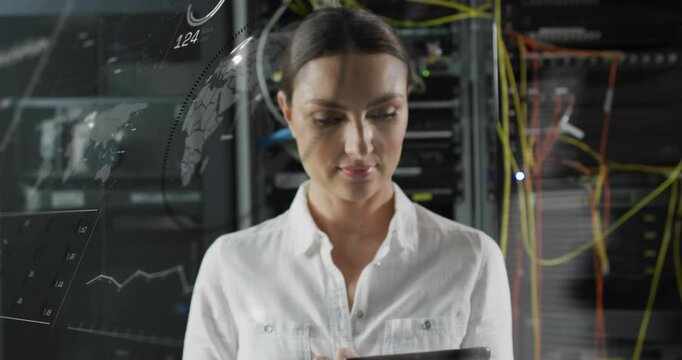 Woman tapping tablet, activating HUD maps and graphs over server racks while monitoring network