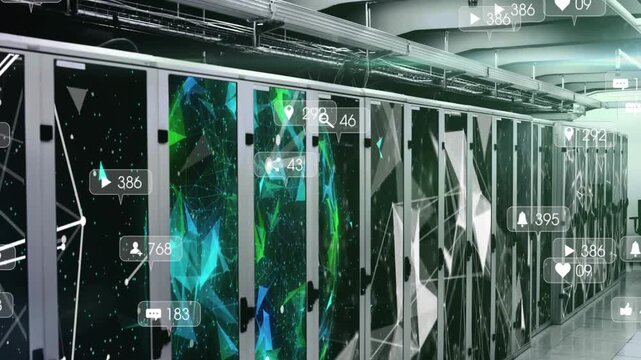 Camera panning down data center aisle, showing nebula panels and badges spreading, showing metrics