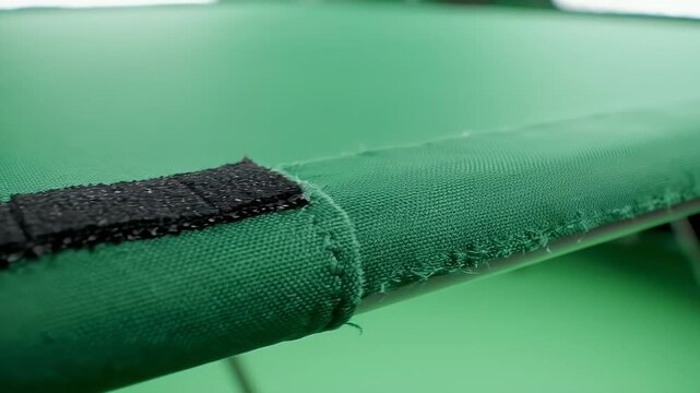 Close-up of green fabric with a black, textured strip sewn along the edge. The fabric has a hook and loop closure