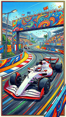 Naklejka premium bright stylized illustration of a white racing car on a city track surrounded by palms fans and colorful carnival arch