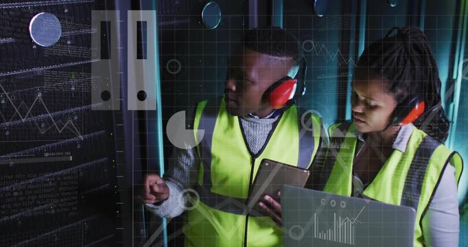 Data center technicians consulting tablet aligning laptop man pointing rack for checking HUD data