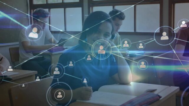 Student writing, digital node appearing and forming classroom network mapping student collaboration