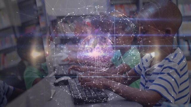 Row of kids typing keys in lab, causing digital globe appearing, pulsing and settling for learning