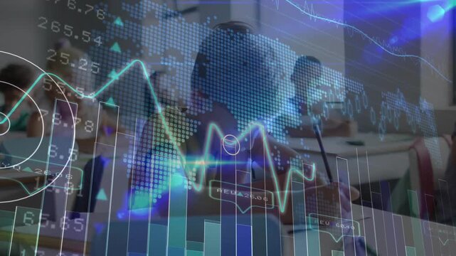 Main student writing in class as overlay sweeps, showing bar charts aligning with face for learning