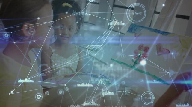 Two girls passing palette, painting stem and blooms together as tech HUD overlay rising over canvas