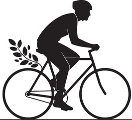 Fototapeta premium Silhouette of a cyclist with a leafy branch on the bike, symbolizing an eco-friendly and low-carbon lifestyle.