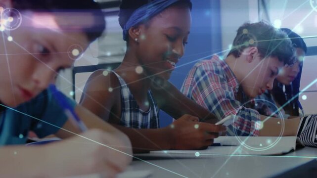 Student checking phone while writing, peers writing for classwork, digital overlay linking notes
