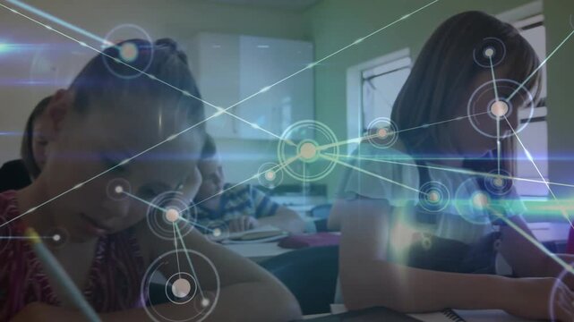 Center student writing in classroom, HUD activating, expanding over desks, showing nodes and lines