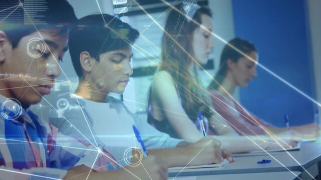 Front boy writing with blue pen for learning data, camera shifting and overlay crossing notebook