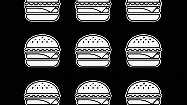 Seamless pattern of white burger icons on black background fast food design