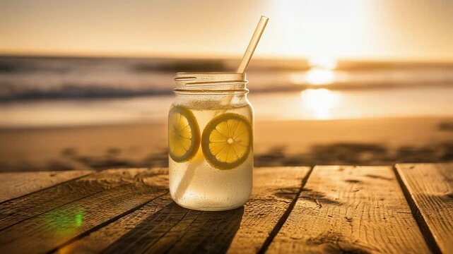 Refreshing lemon water in a mason jar on wooden table with sunset beach background
