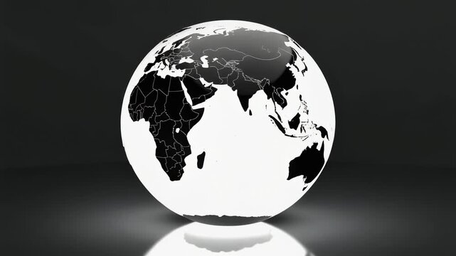 Minimalistic black and white globe showing Africa and surrounding continents with country borders on gray background