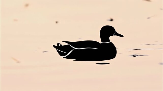 Silhouette of a duck floating on calm water with soft pastel background in nature