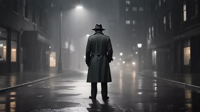 Mysterious man in trench coat and fedora standing alone on rainy city street at night with glowing streetlights