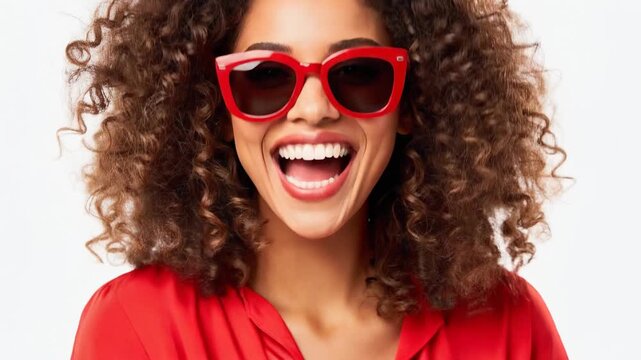 Happy woman with curly hair wearing red sunglasses and matching red outfit smiling joyfully on white background