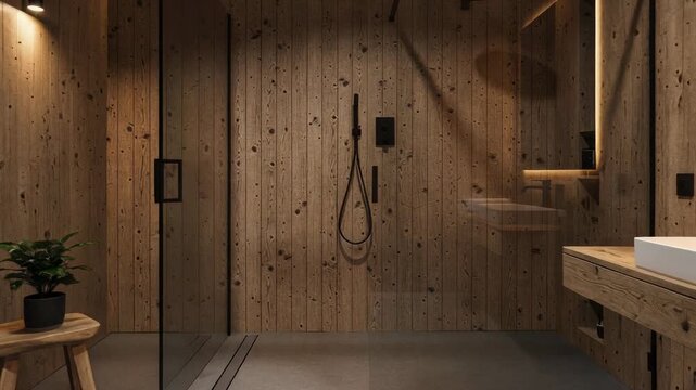 Modern rustic bathroom with wooden walls glass shower and minimalist design featuring natural textures and warm lighting