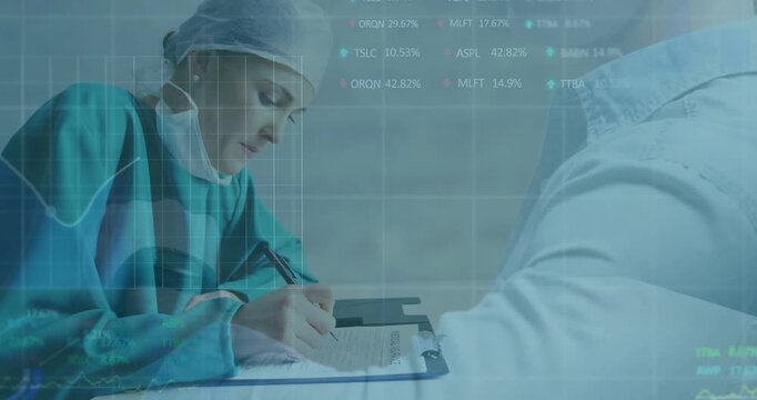 Vertical video: Writing RN in scrubs cap mask visit noting clipboard sliding as pt on phone overlay