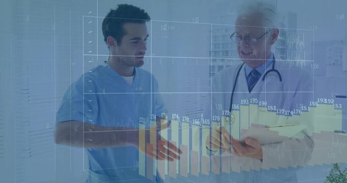 Grid appearing, senior doctor pointing tablet while medical trainee tracking rising bars, agreeing