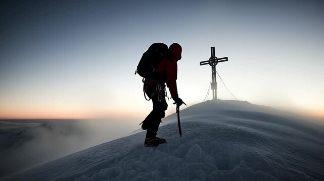 Solitary Male Mountaineer Reaching Snowy Summit Cross at Dawn for Spiritual Pilgrimage