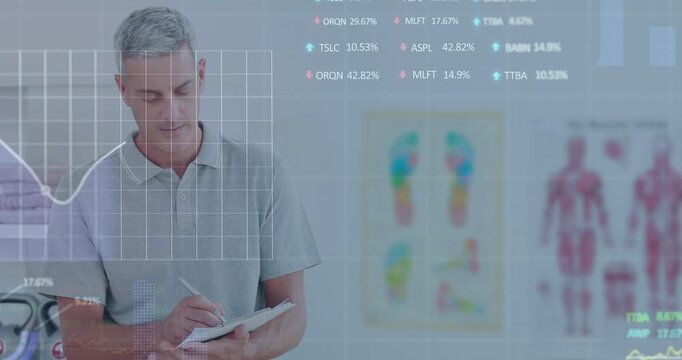 Clinician writing in notebook in clinic, overlay appearing updating percentages, logging metrics