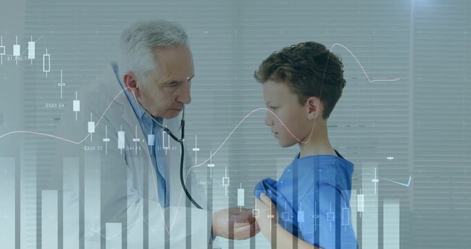 Sr physician placing stethoscope as child lifting gown, assessing chest with chart overlaying scene