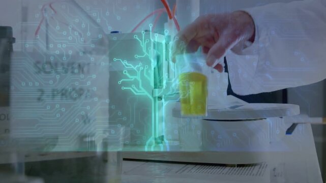 Vertical video: Reacting to AR cue, labcoat tech placing cup on device for analysis near solvent