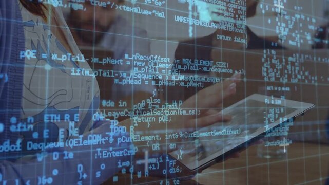 Female developer tapping tablet, making blue code grid scroll for review while colleague gesturing