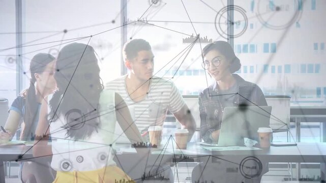 Woman leaning forward presenting strategy for team in business office, animated nodes overlaying