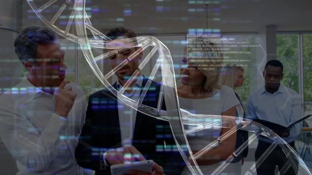 Suited man tapping tablet, causing team to lean in biotech meeting, DNA helix overlaying, handshake